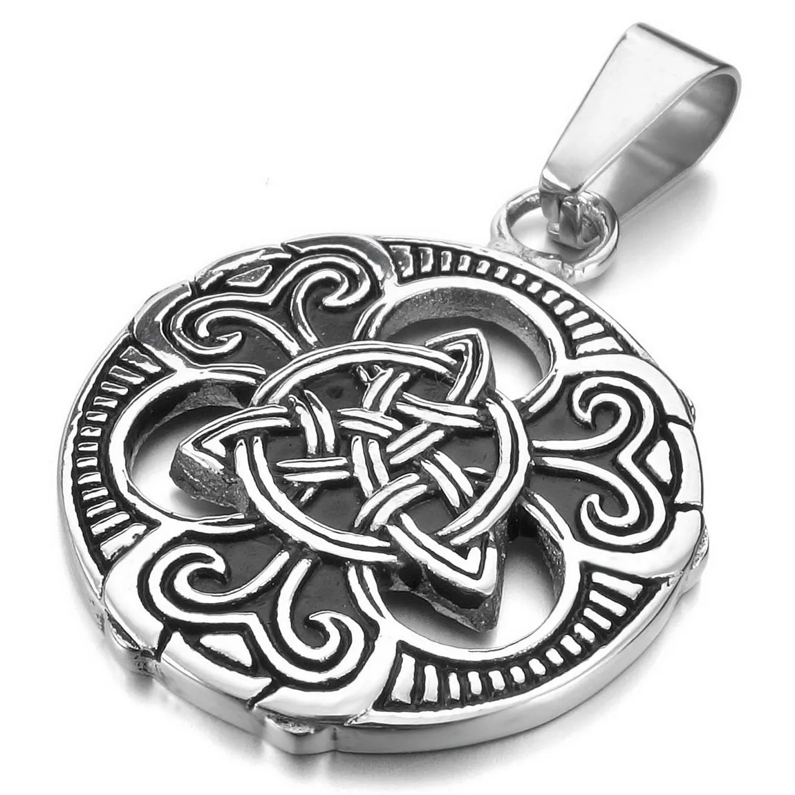 Men's Stainless Steel Pendant Necklace Silver Tone Black Irish Celtic Knot Triquetra