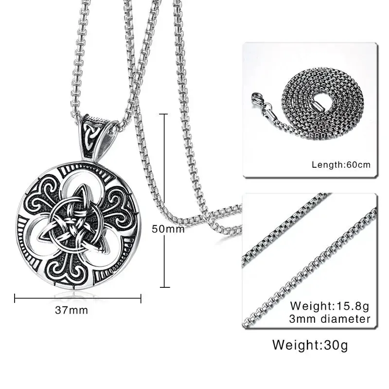 Men's Stainless Steel Pendant Necklace Silver Tone Black Irish Celtic Knot Triquetra