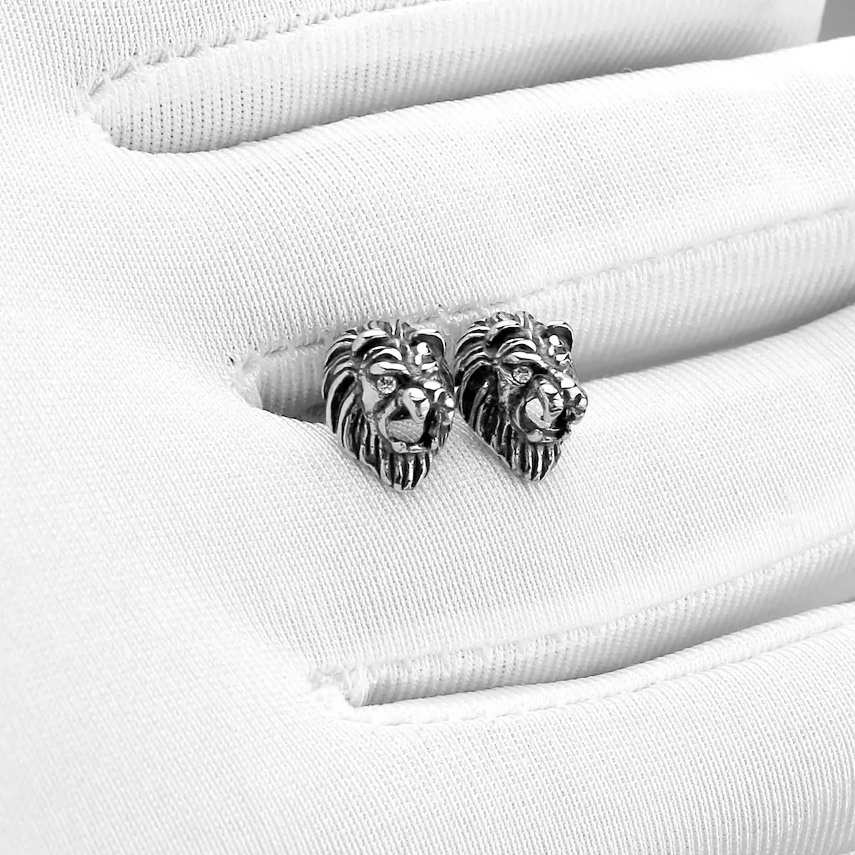 Men's Stainless Steel Stud Earrings CZ Silver Tone Black White Red Lion