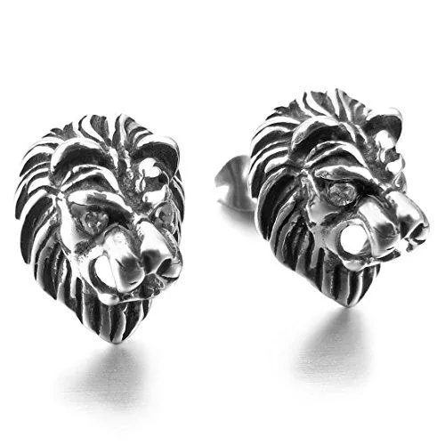 Men's Stainless Steel Stud Earrings CZ Silver Tone Black White Red Lion