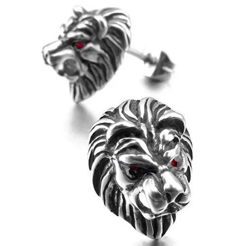 Men's Stainless Steel Stud Earrings CZ Silver Tone Black White Red Lion