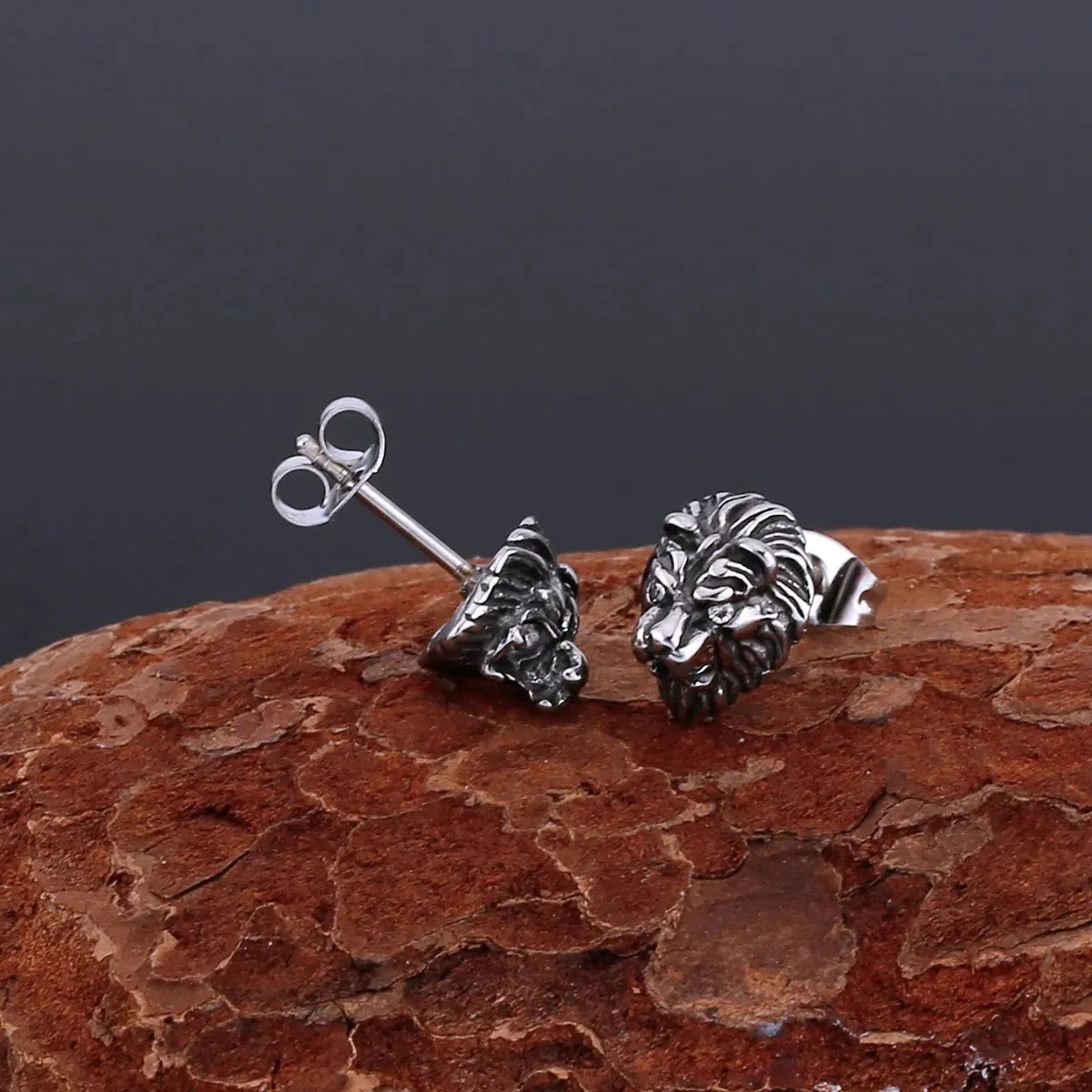 Men's Stainless Steel Stud Earrings CZ Silver Tone Black White Red Lion