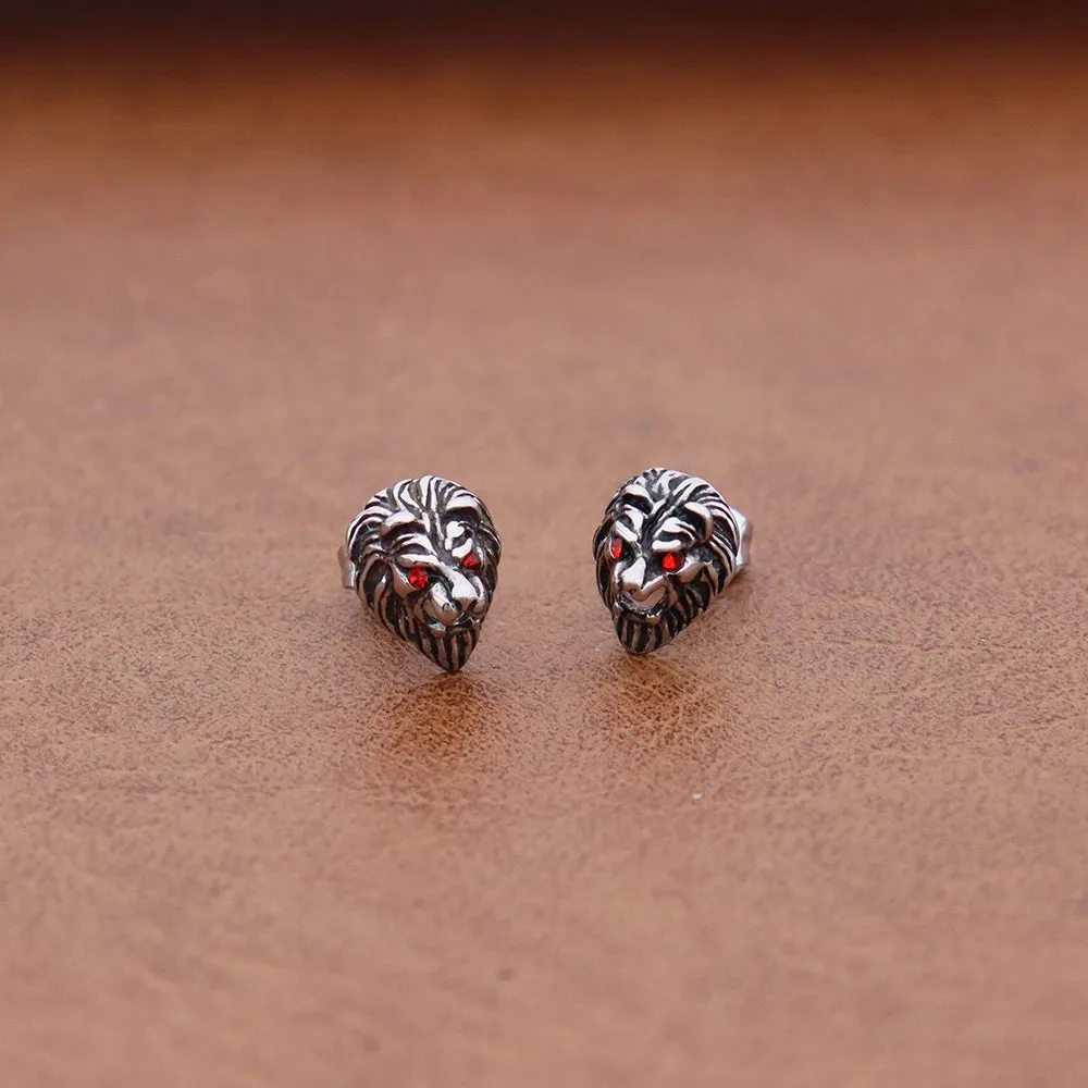 Men's Stainless Steel Stud Earrings CZ Silver Tone Black White Red Lion