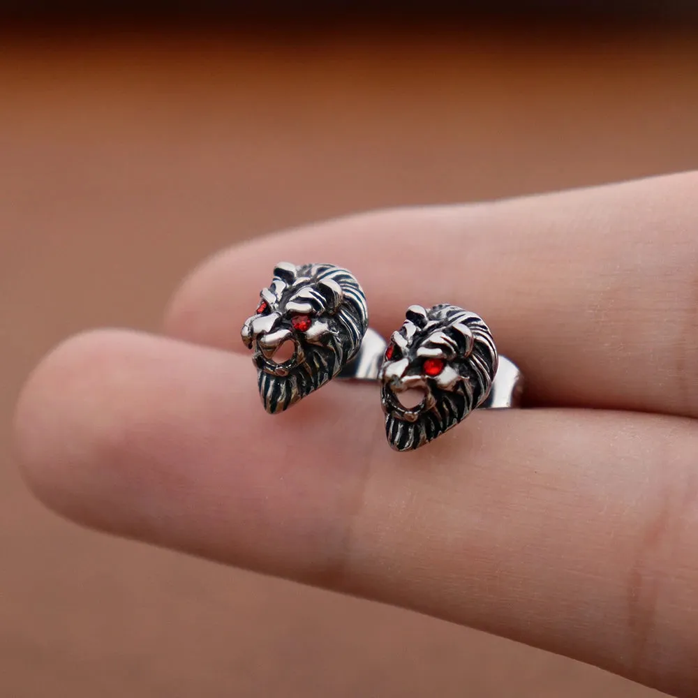 Men's Stainless Steel Stud Earrings CZ Silver Tone Black White Red Lion