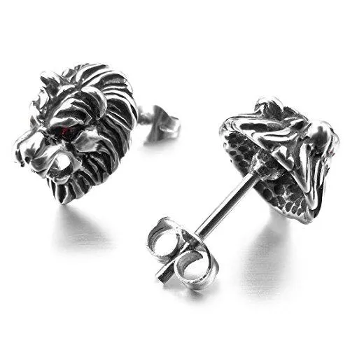 Men's Stainless Steel Stud Earrings CZ Silver Tone Black White Red Lion