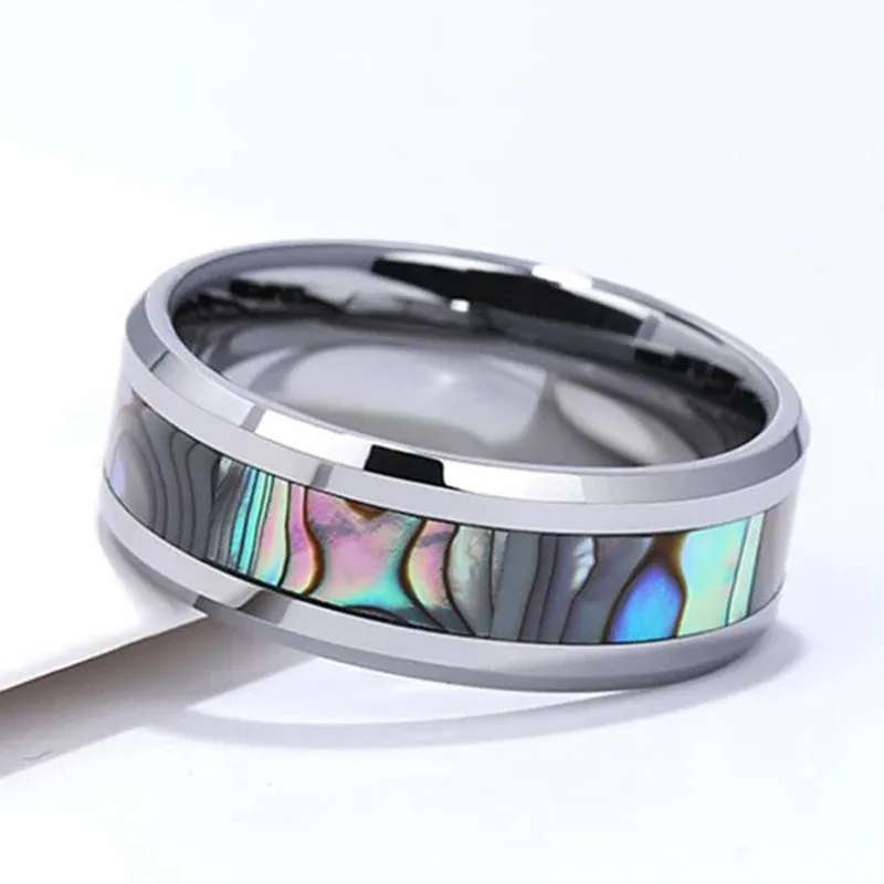 Men's Wide 8mm Tungsten Mother of Pearl Abalone Shell Ring Band Silver Tone Comfort Fit Wedding