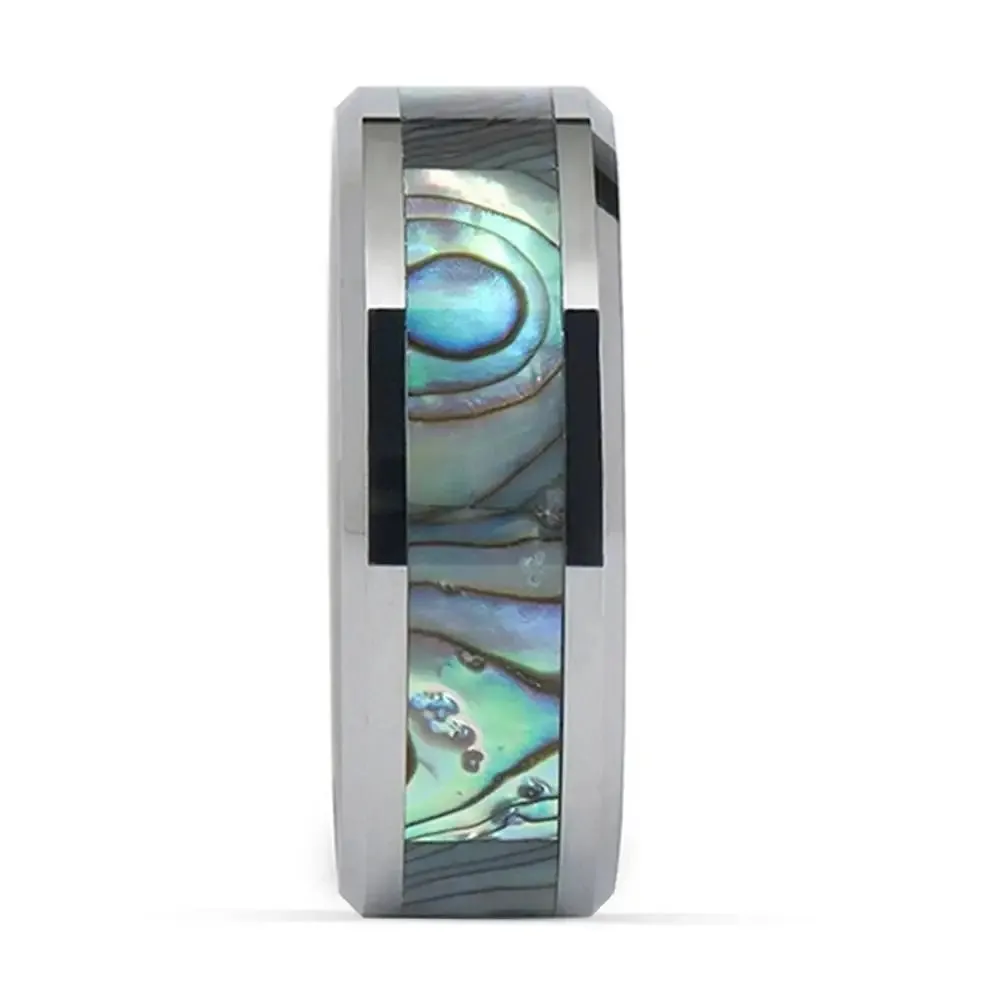 Men's Wide 8mm Tungsten Mother of Pearl Abalone Shell Ring Band Silver Tone Comfort Fit Wedding