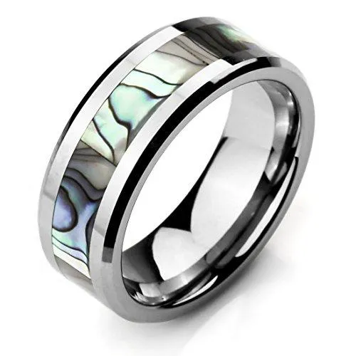 Men's Wide 8mm Tungsten Mother of Pearl Abalone Shell Ring Band Silver Tone Comfort Fit Wedding