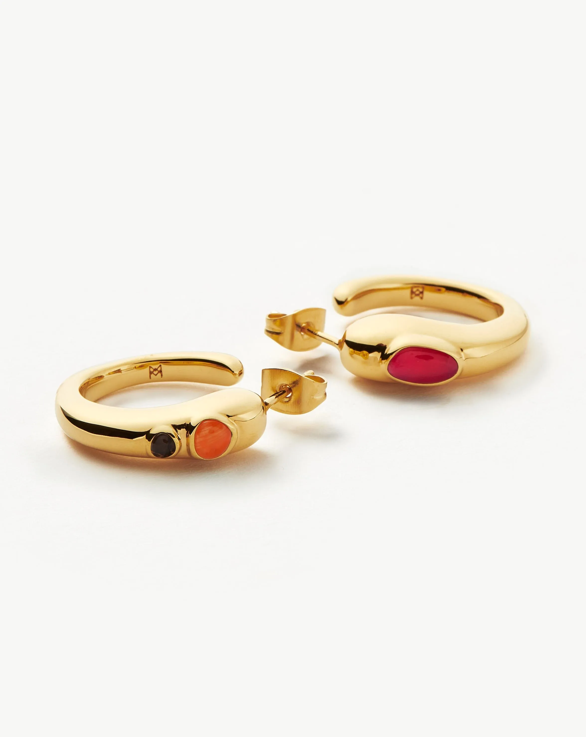 Molten Gemstone Mismatched Medium Hoop Earrings | 18ct Gold Plated/Chalcedony & Quartz