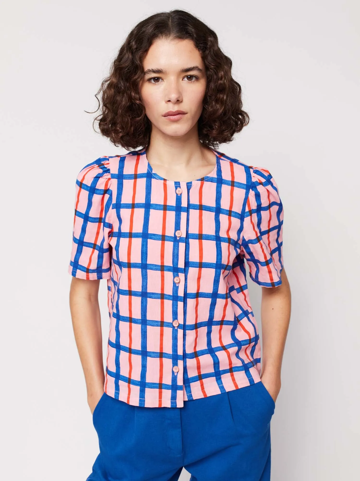 Multicoloured Check Print Puff Sleeve Buttoned Shirt