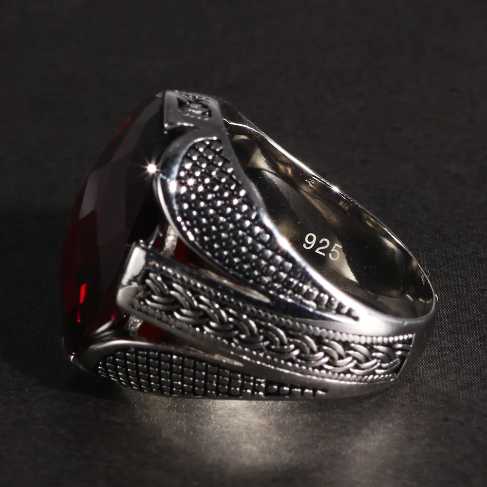 Multifaceted Red Cubic Zirconia 925 Sterling Silver Vintage Wedding Ring