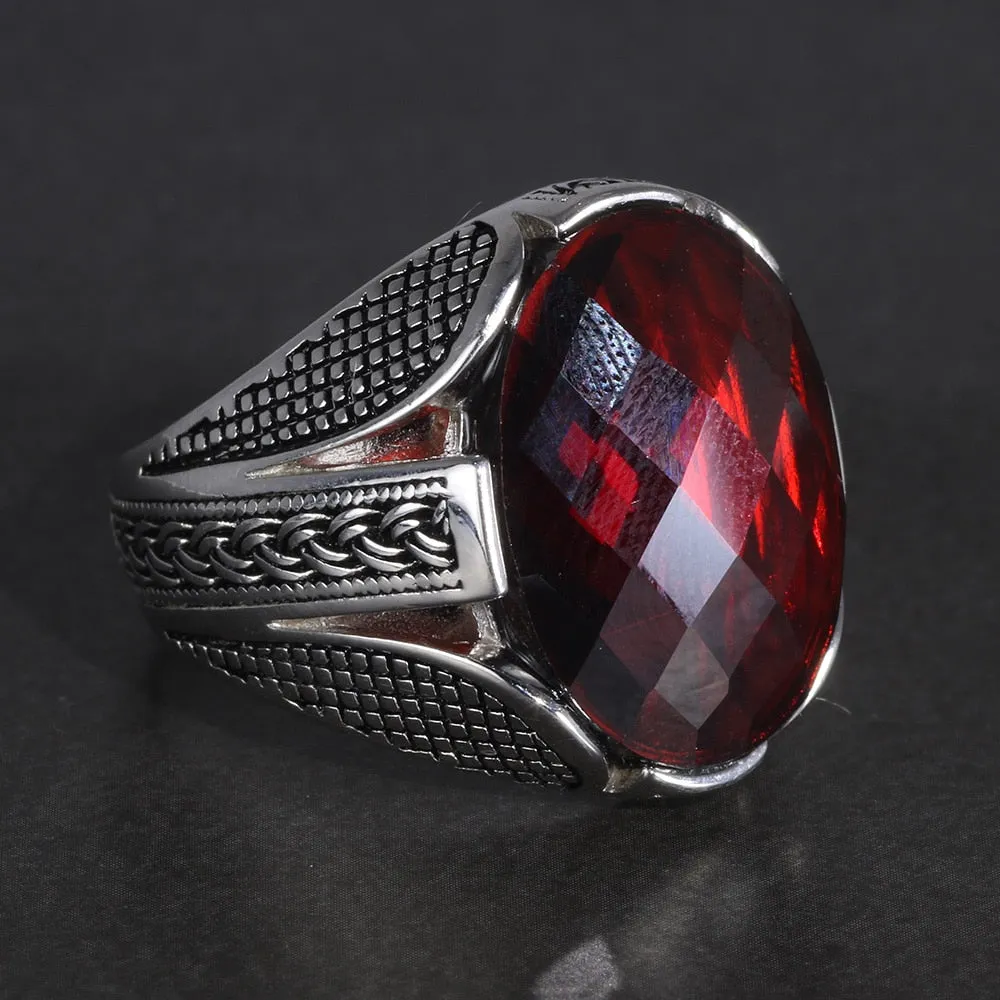 Multifaceted Red Cubic Zirconia 925 Sterling Silver Vintage Wedding Ring