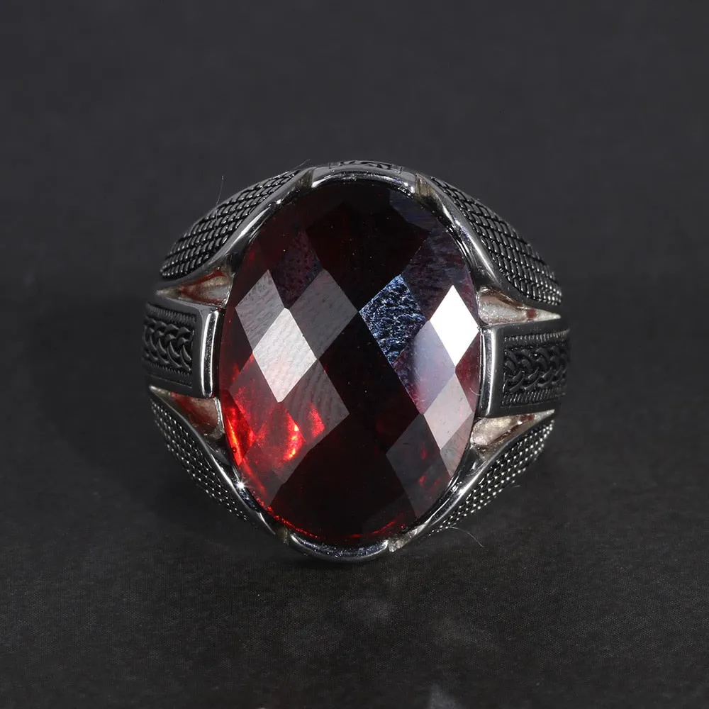 Multifaceted Red Cubic Zirconia 925 Sterling Silver Vintage Wedding Ring