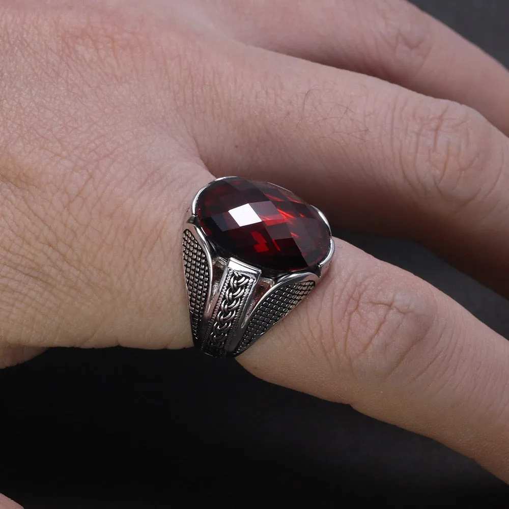 Multifaceted Red Cubic Zirconia 925 Sterling Silver Vintage Wedding Ring