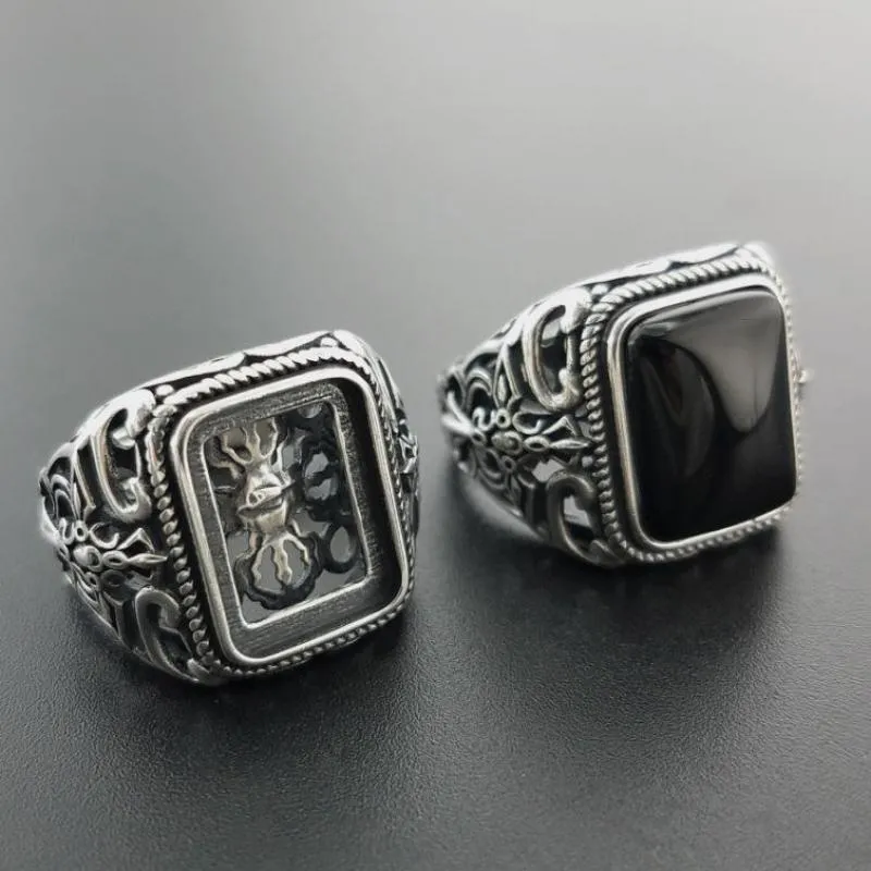 Natural Square Black Onyx Stone and Hollow Cross 925 Sterling Silver Vintage Punk Ring