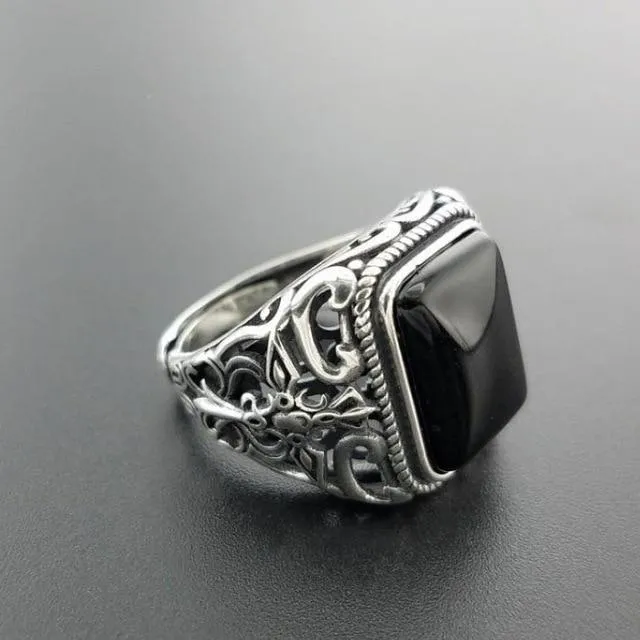 Natural Square Black Onyx Stone and Hollow Cross 925 Sterling Silver Vintage Punk Ring