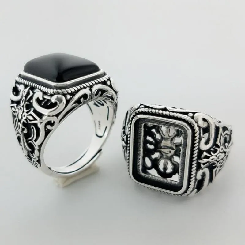 Natural Square Black Onyx Stone and Hollow Cross 925 Sterling Silver Vintage Punk Ring