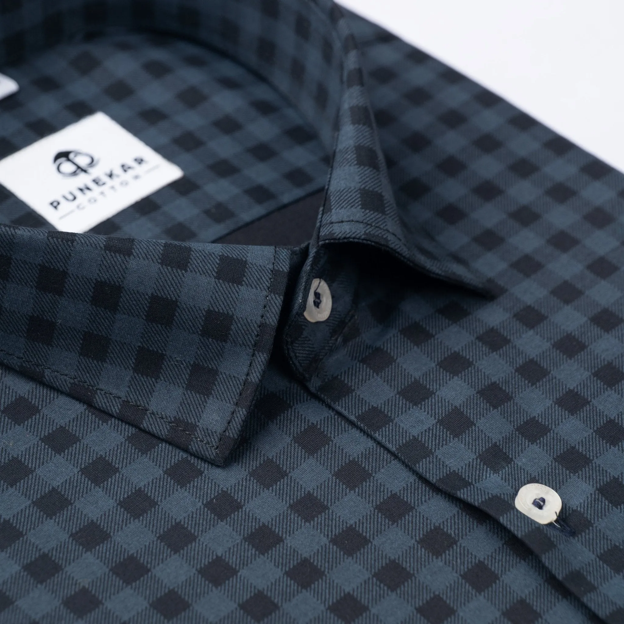 Navy Blue Color Buffalo Checks Cotton Shirt For Men