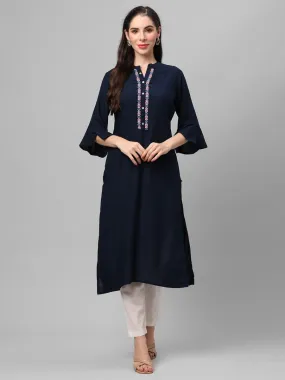 Navy Blue Embroidered Mandarin Collar Kurta