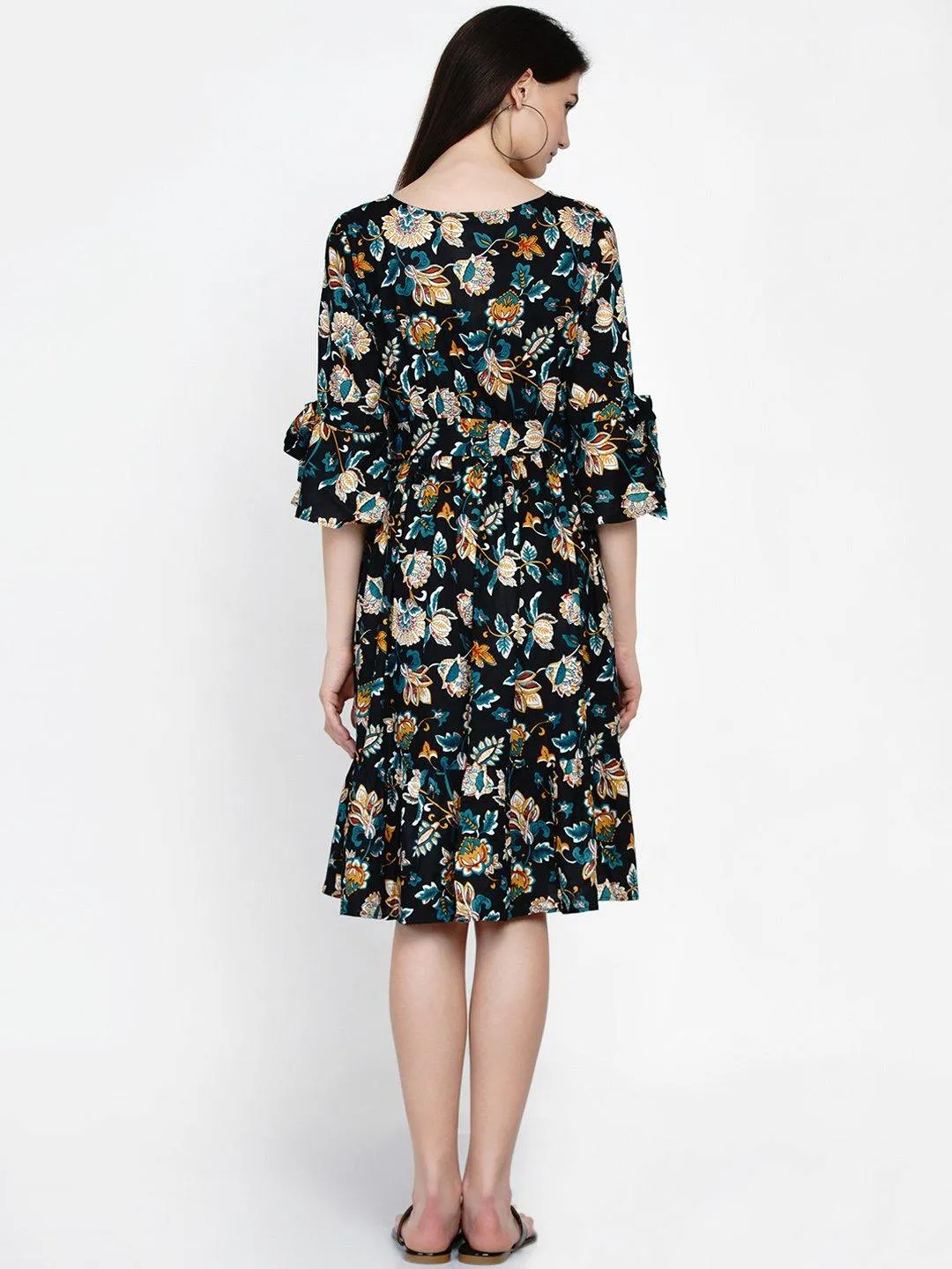 Navy Blue Floral Print Maternity and Nursing Midi Dress