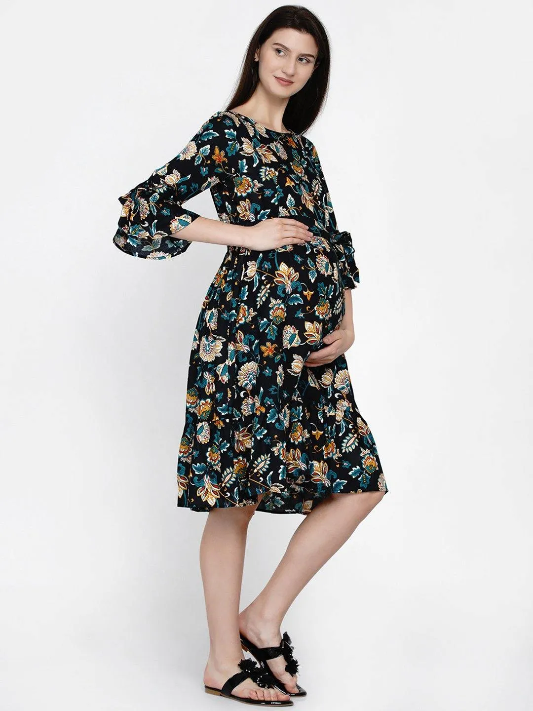 Navy Blue Floral Print Maternity and Nursing Midi Dress