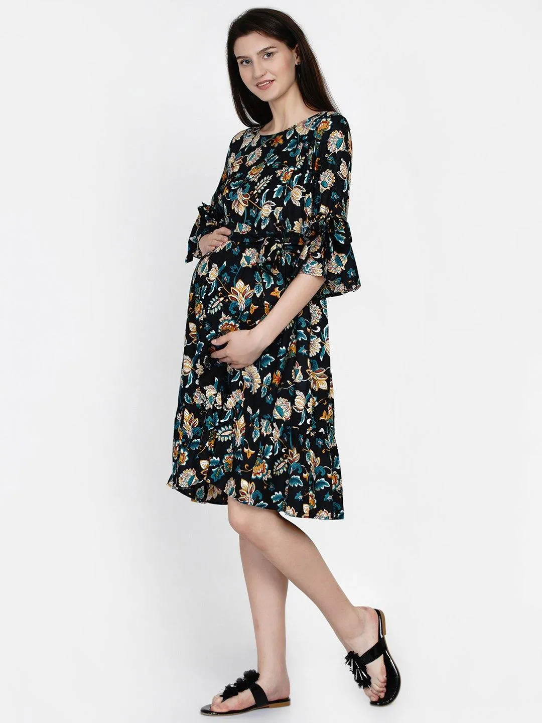 Navy Blue Floral Print Maternity and Nursing Midi Dress