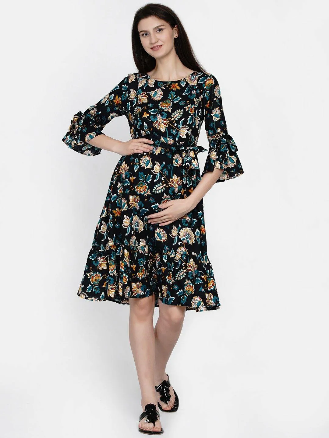 Navy Blue Floral Print Maternity and Nursing Midi Dress