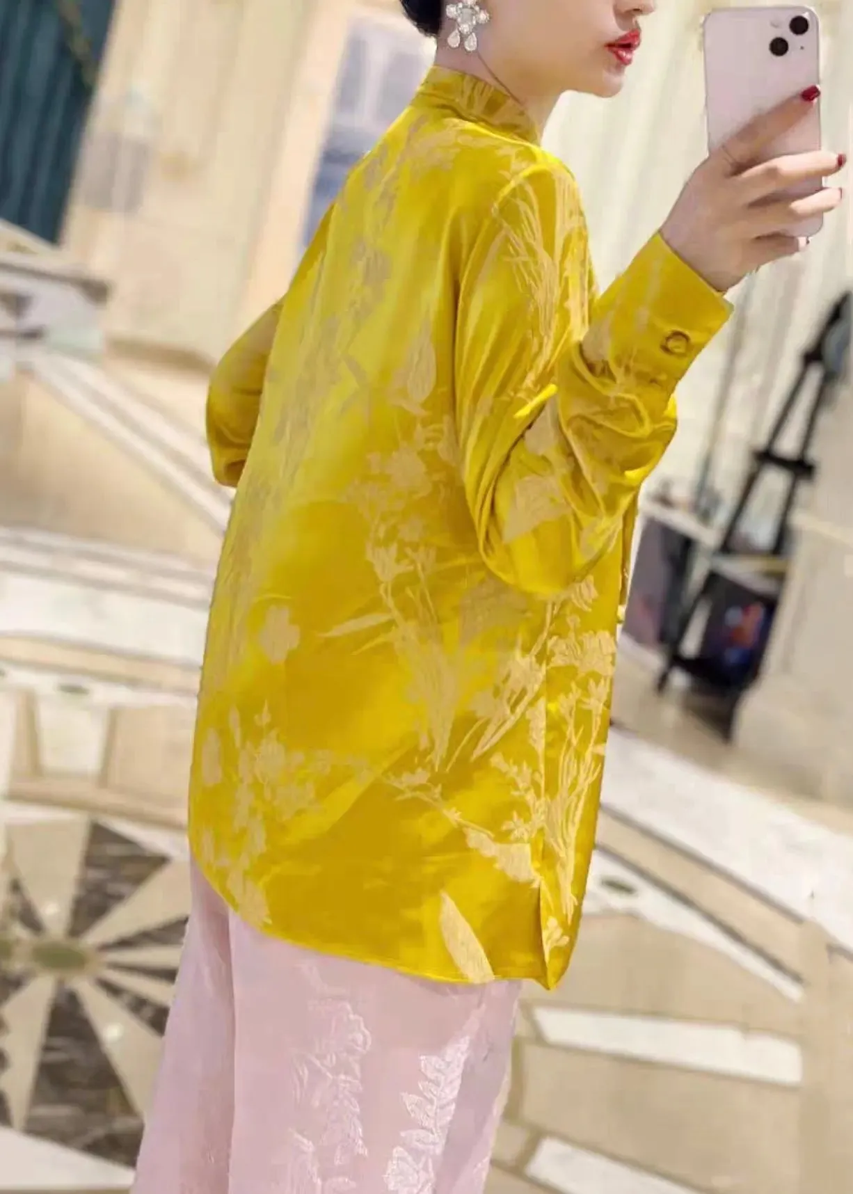 New Yellow Stand Collar Button Print Silk Shirt Long Sleeve CG1032