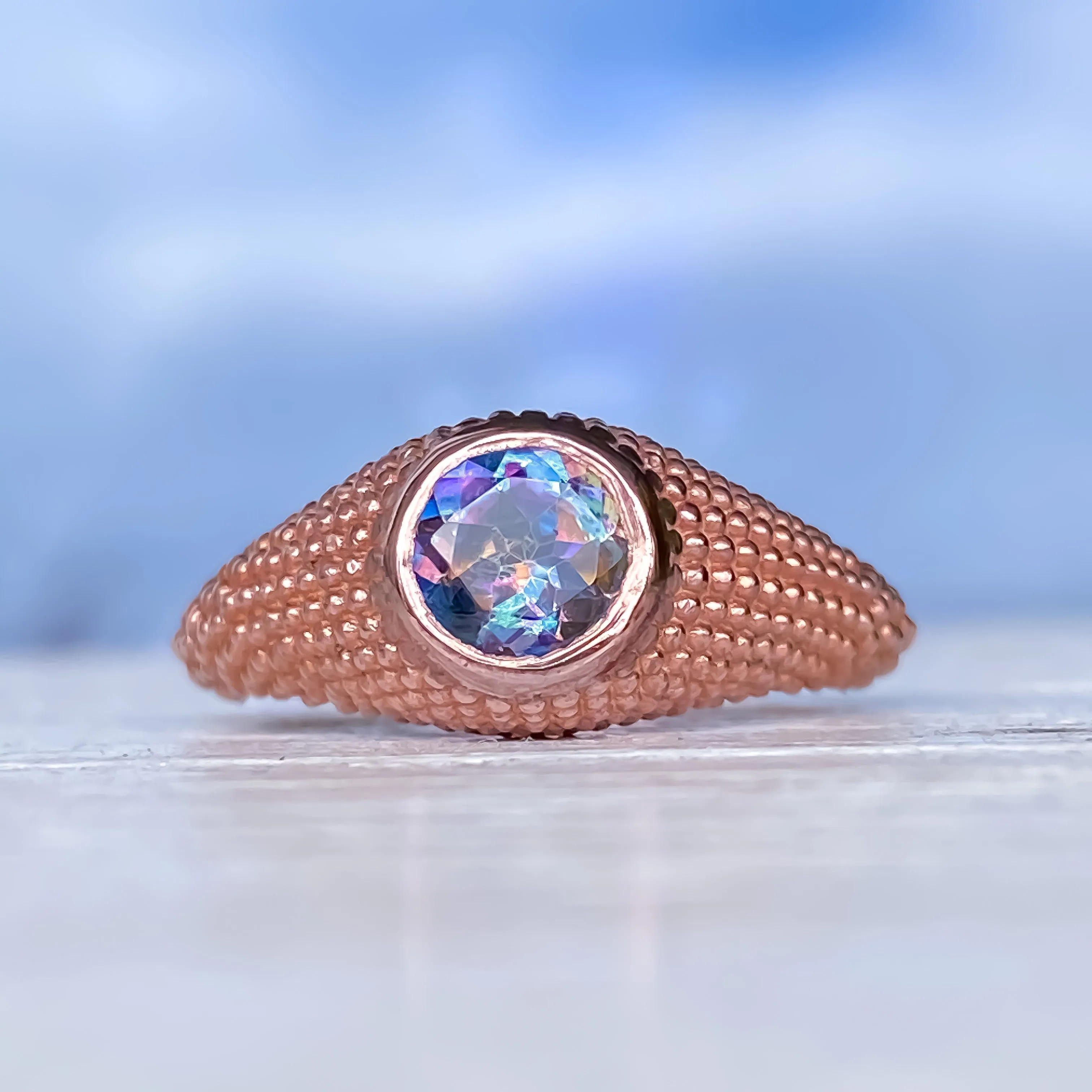 Nubia Round Garden Blue Topaz Rose Gold Ring Size 7.25US