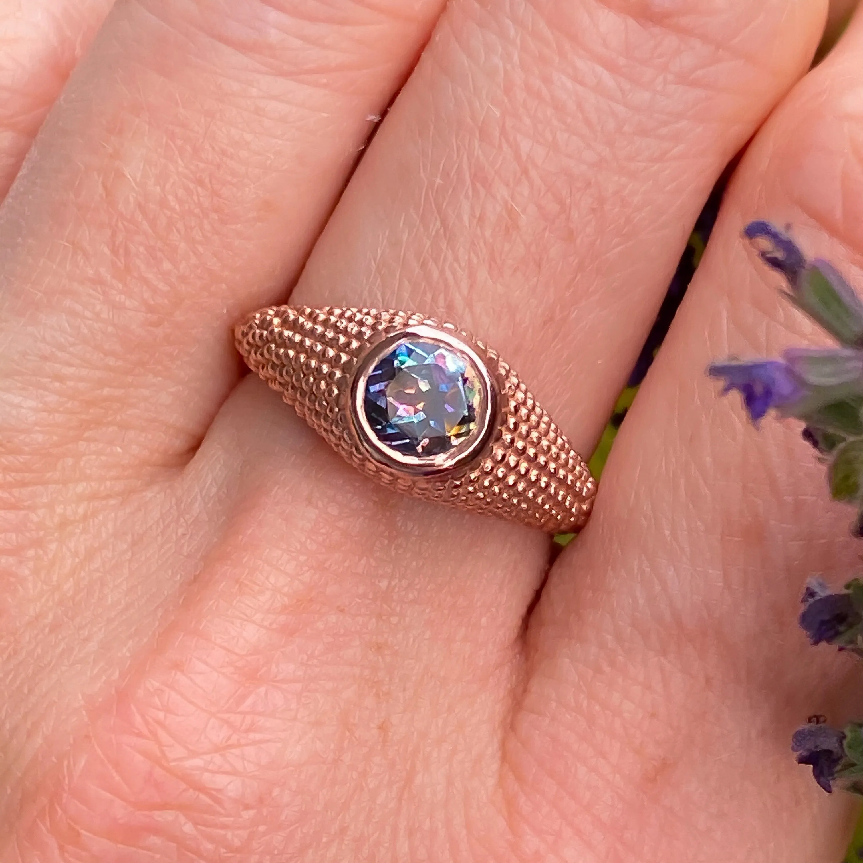 Nubia Round Garden Blue Topaz Rose Gold Ring Size 7.25US