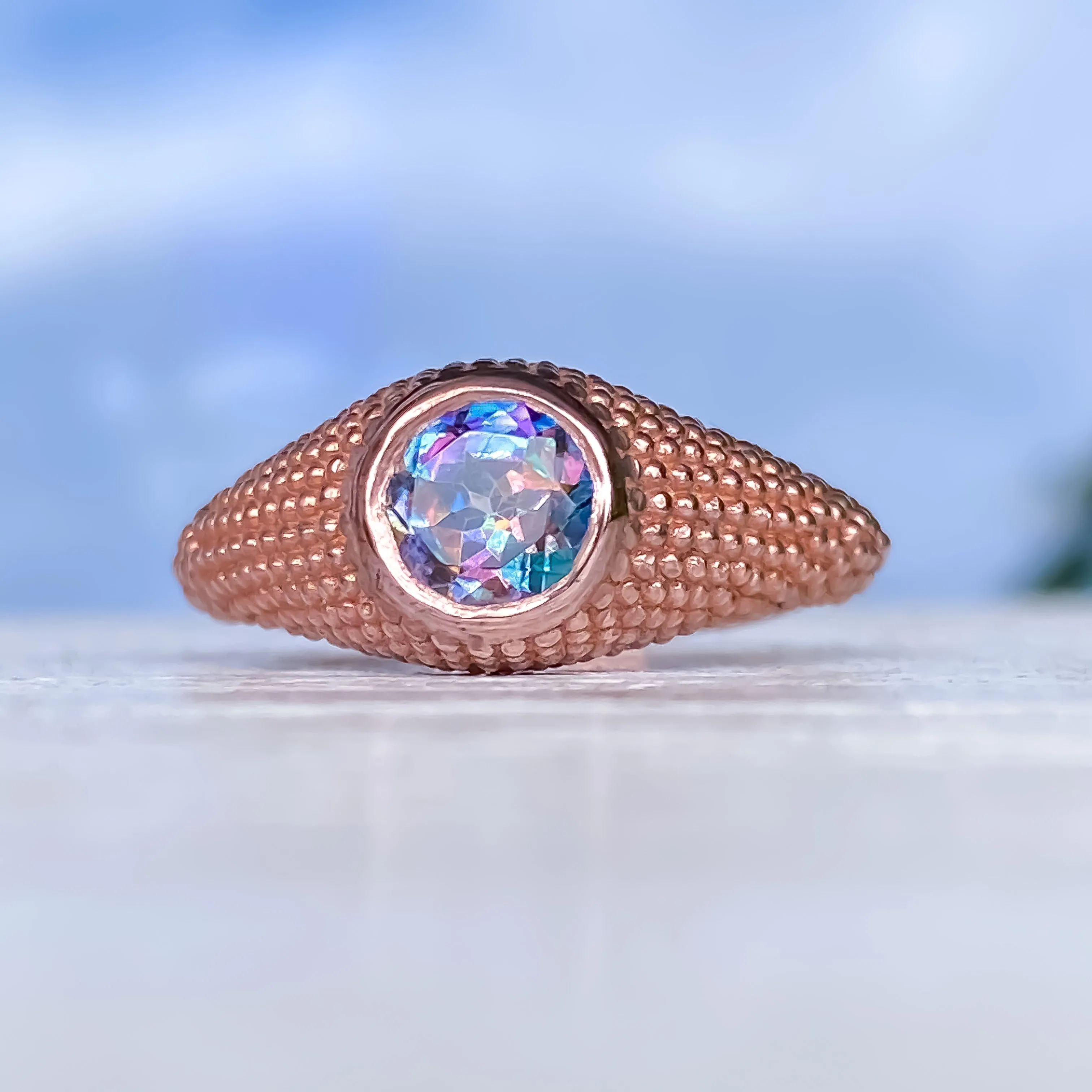 Nubia Round Garden Blue Topaz Rose Gold Ring Size 7.25US