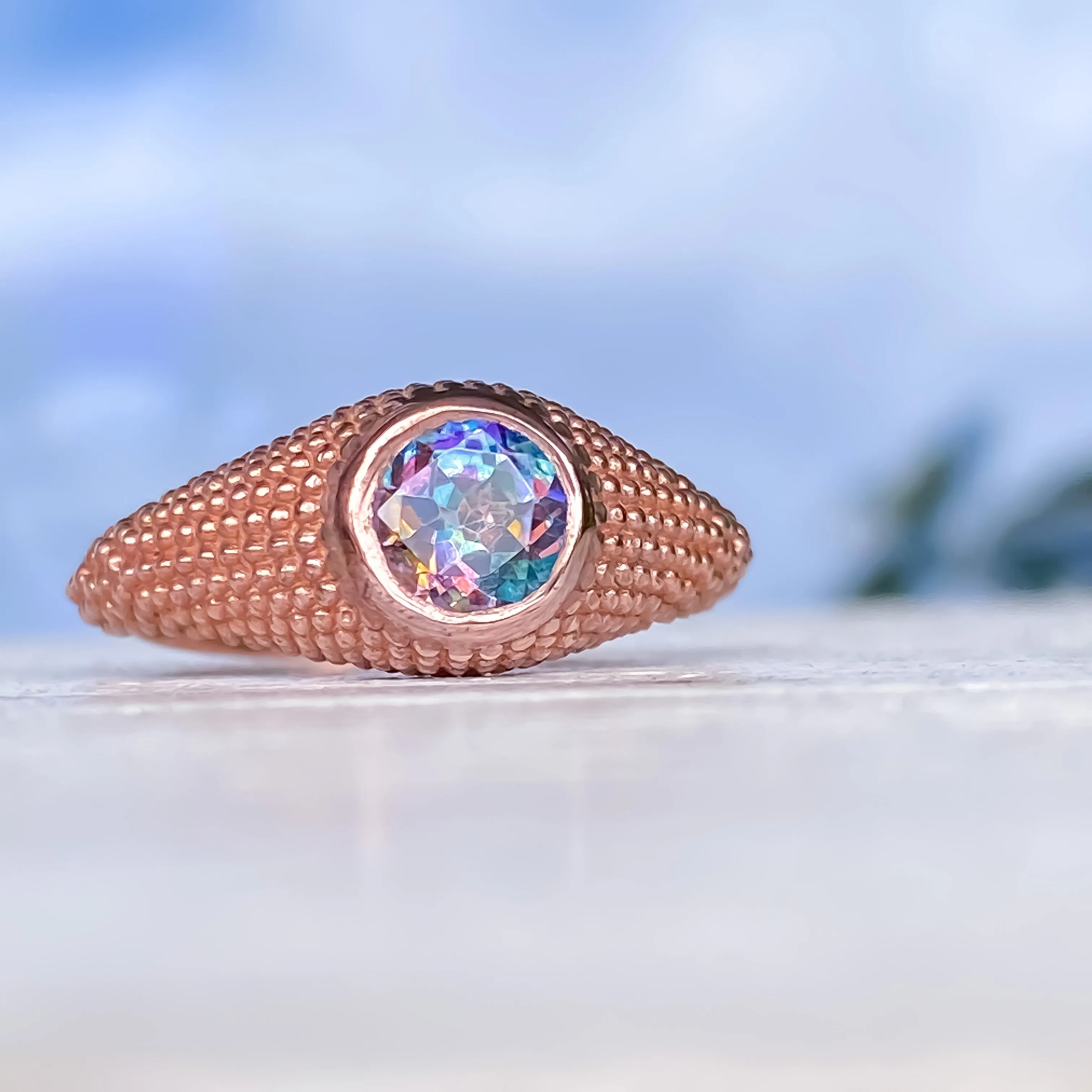 Nubia Round Garden Blue Topaz Rose Gold Ring Size 7.25US