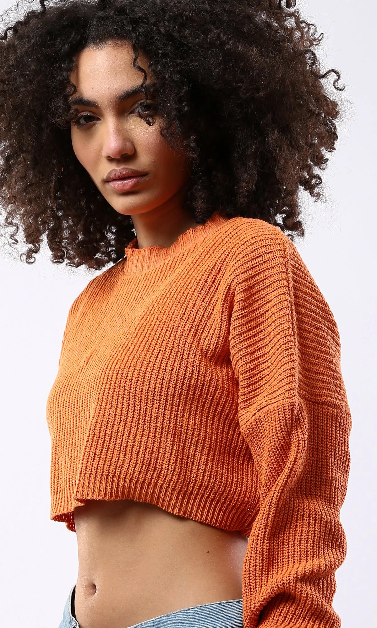 O172585 Loose Fit Orange Slip On Cropped Pullover