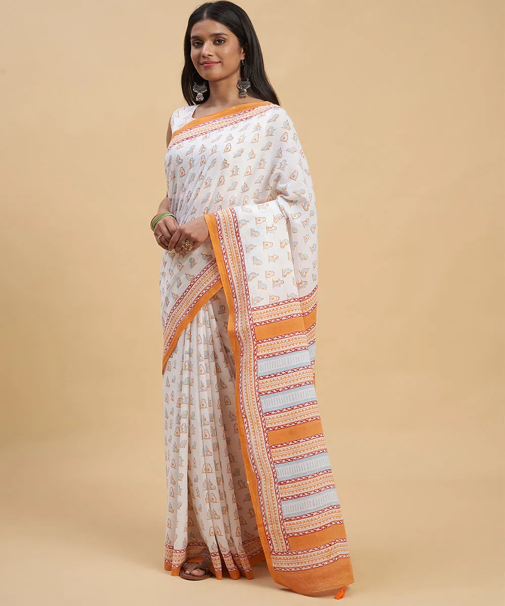 Offwhite orange hand block sanganeri printed cotton saree