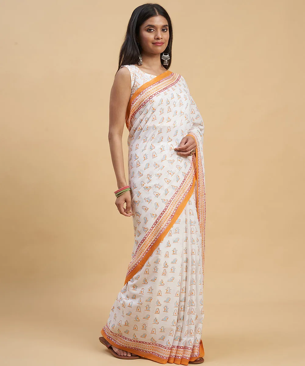 Offwhite orange hand block sanganeri printed cotton saree