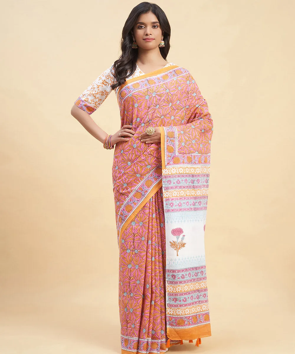 Orange pink cotton hand block sanganeri printed saree