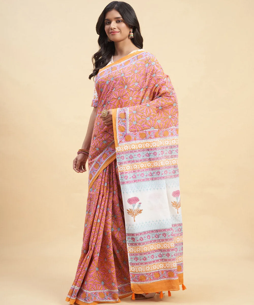 Orange pink cotton hand block sanganeri printed saree