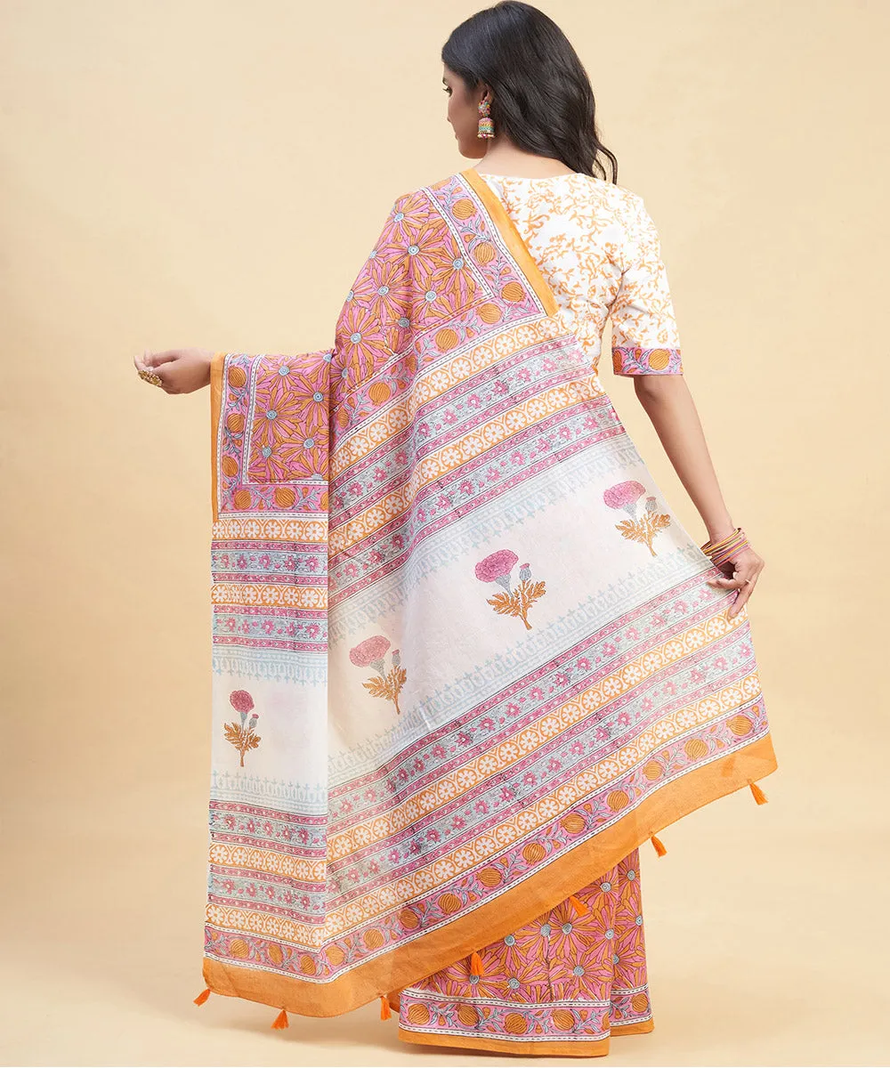 Orange pink cotton hand block sanganeri printed saree