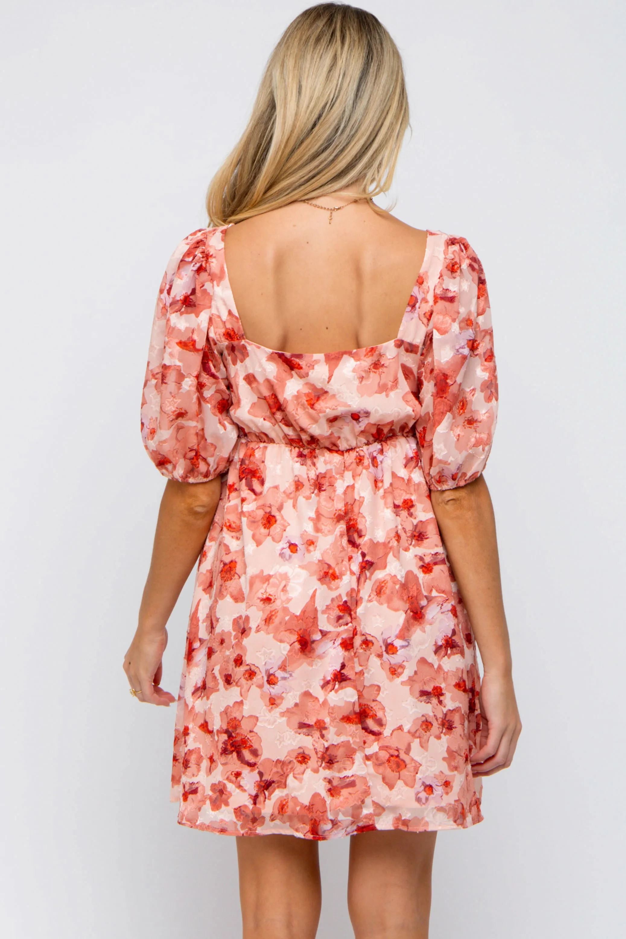 Peach Floral Square Neck Puff Short Sleeve Maternity Dress