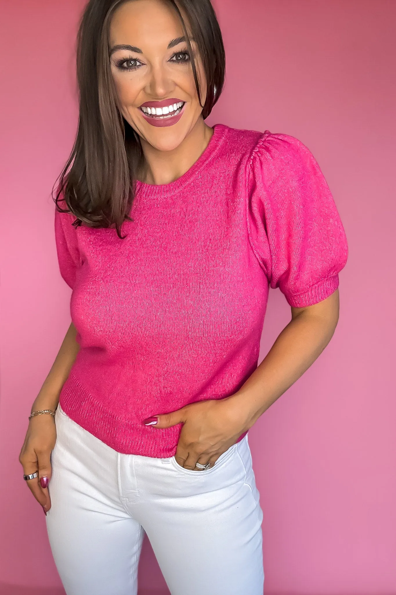 Perfect Hot Pink Melange Puff Short Sleeve Sweater