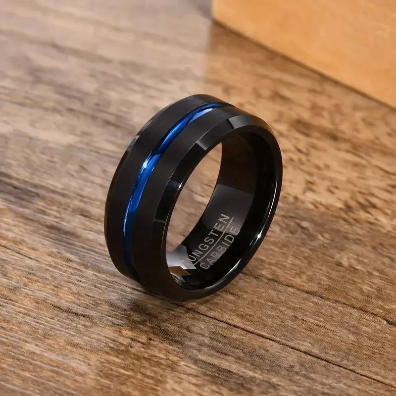 Personalized Men's Blue Line Tungsten Promise Ring - Handwriting Ring