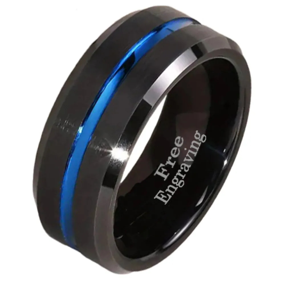 Personalized Men's Blue Line Tungsten Promise Ring - Handwriting Ring