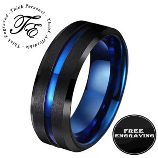 Personalized Men's Blue Line Tungsten Promise Ring - Handwriting Ring