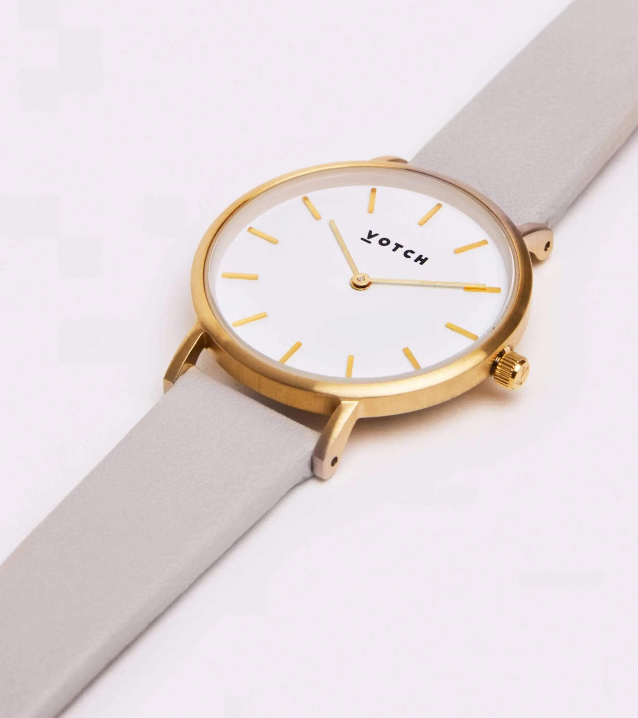 Petite Watch with Gold & White Dial | Light Grey Vegan Leather Strap