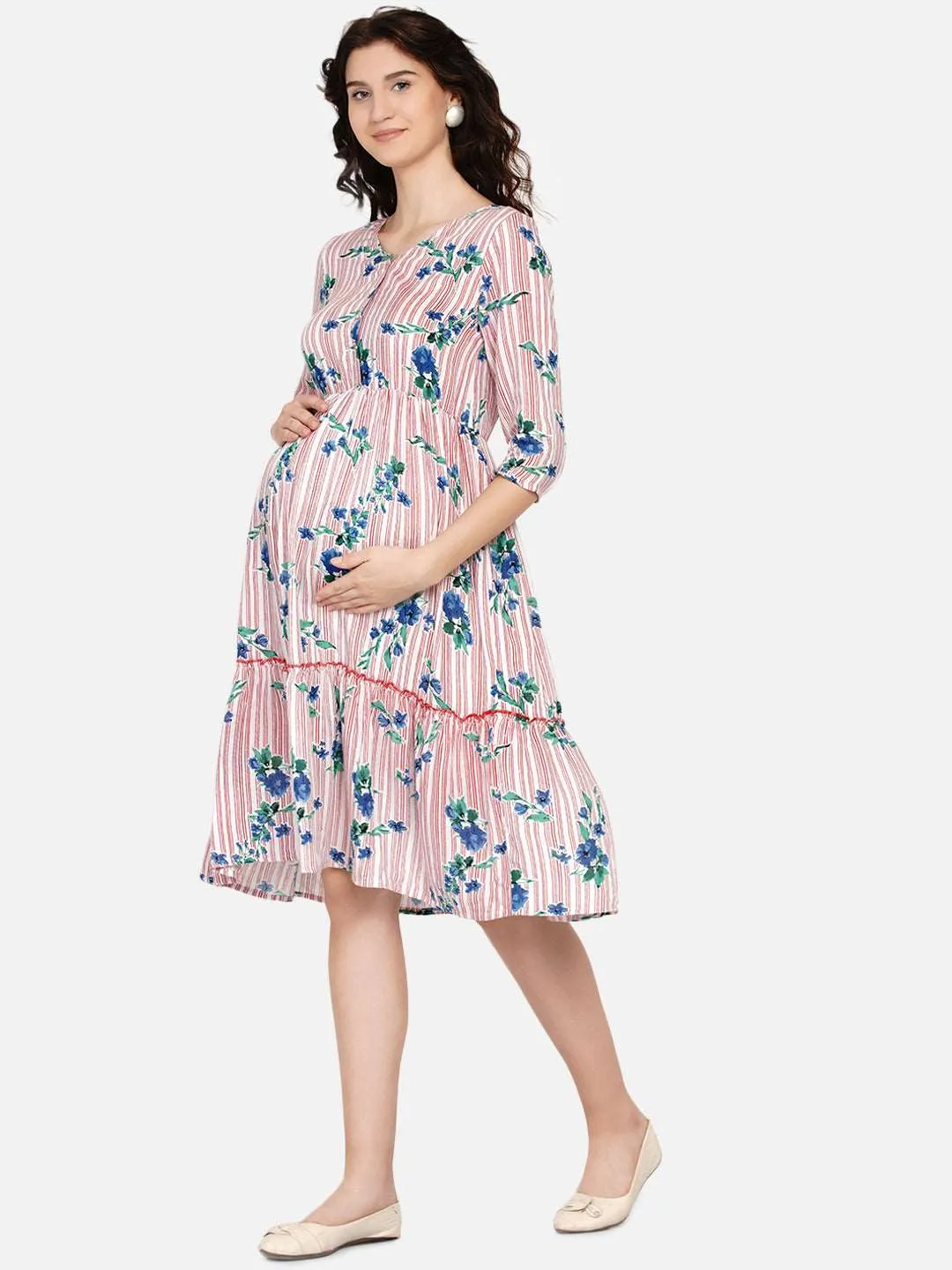 Pink Floral Print Maternity and Nursing Midi Dress