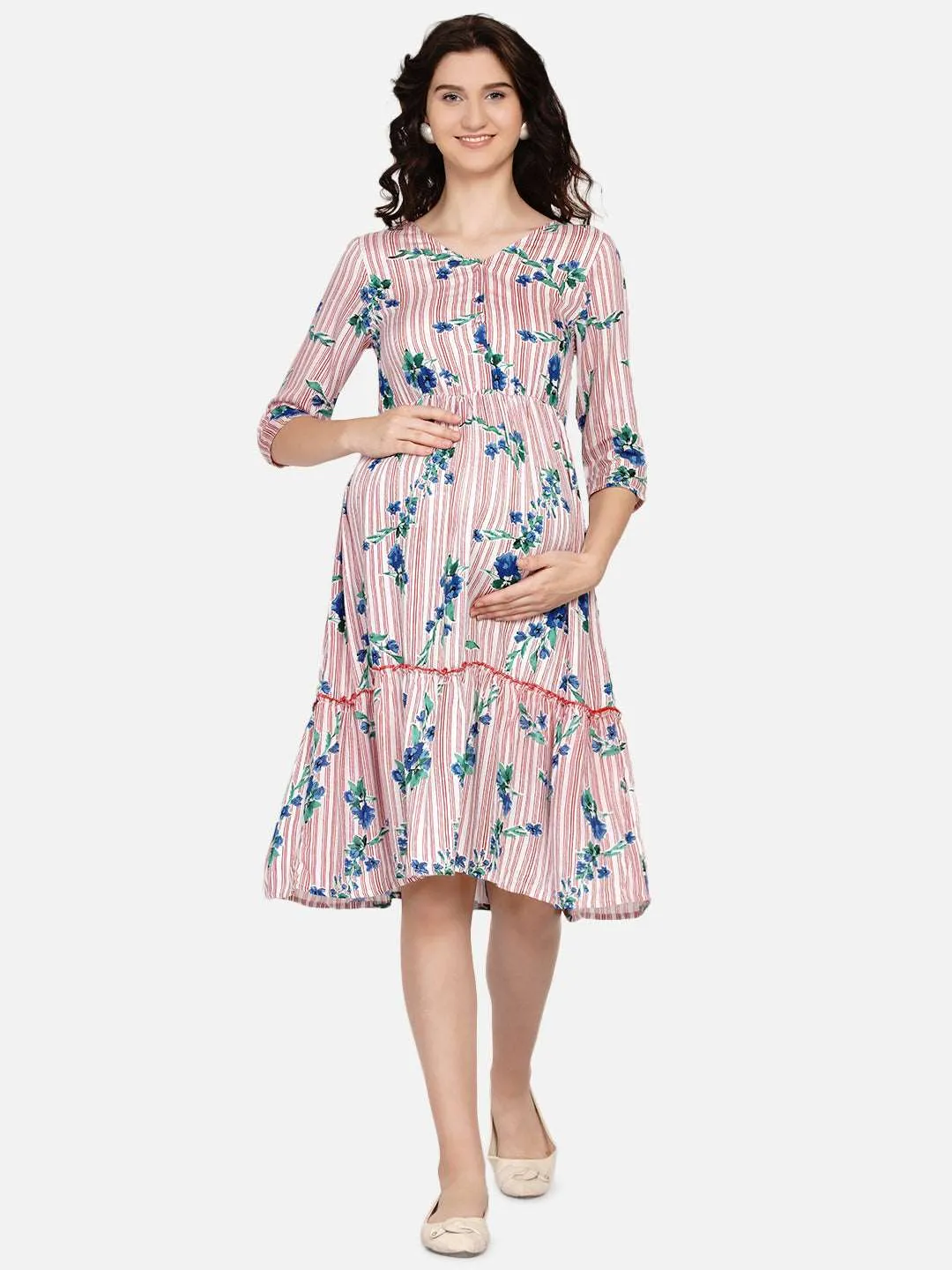 Pink Floral Print Maternity and Nursing Midi Dress