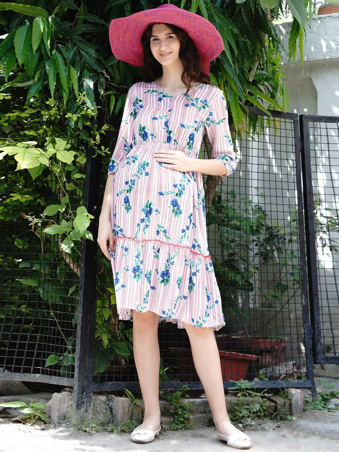 Pink Floral Print Maternity and Nursing Midi Dress