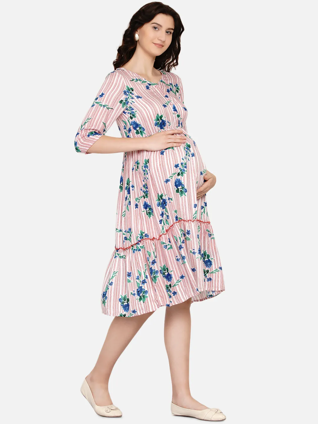 Pink Floral Print Maternity and Nursing Midi Dress