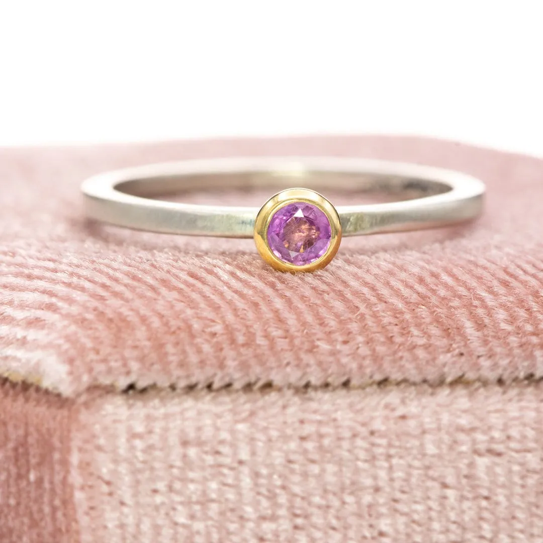 Pink Sapphire 14k Gold Martini Bezel Sterling Silver Stacking Ring, Ready to Ship