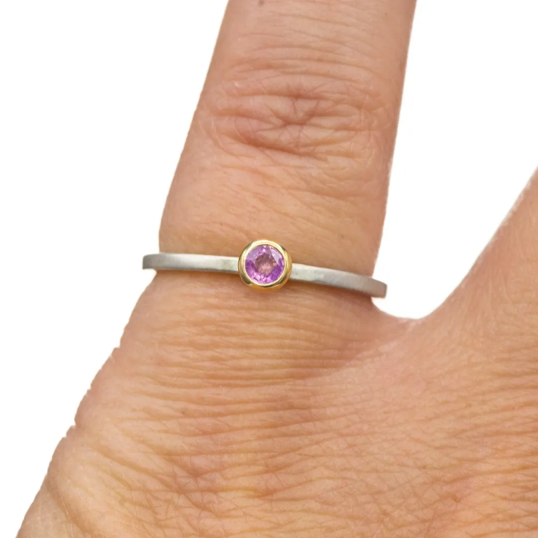 Pink Sapphire 14k Gold Martini Bezel Sterling Silver Stacking Ring, Ready to Ship